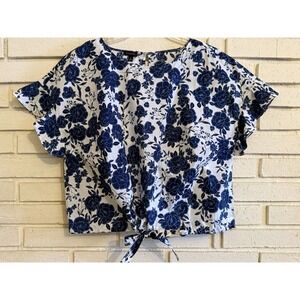 Talbots Floral Cropped Blouse Sz M Blue White Drawstring Ruffle Sleeve Boho NWOT